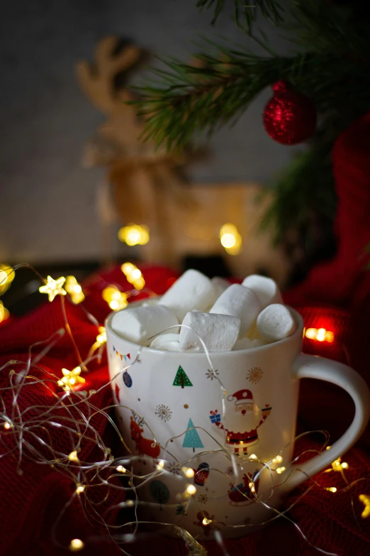 a cup of hot chocolate with marshmallows in it, a portrait, by Julia Pishtar, christmas lights, ecommerce photograph, thumbnail, small