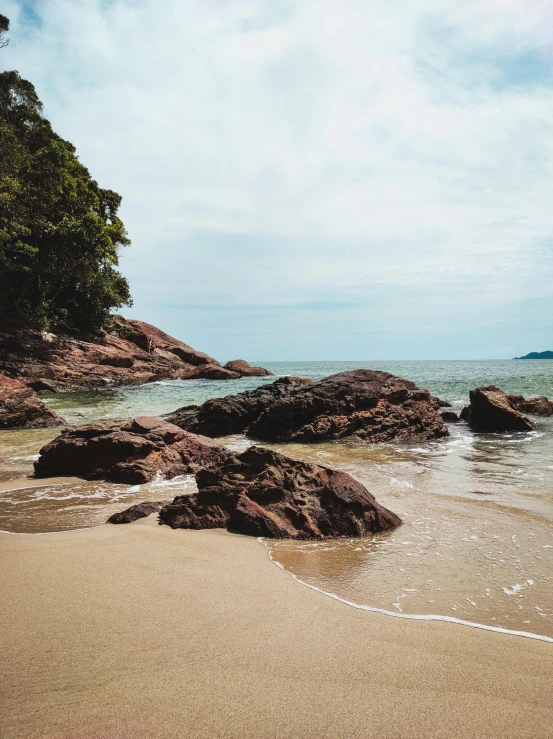 a sandy beach with some rocks in the water, malaysian, profile image, flatlay, high quality image”