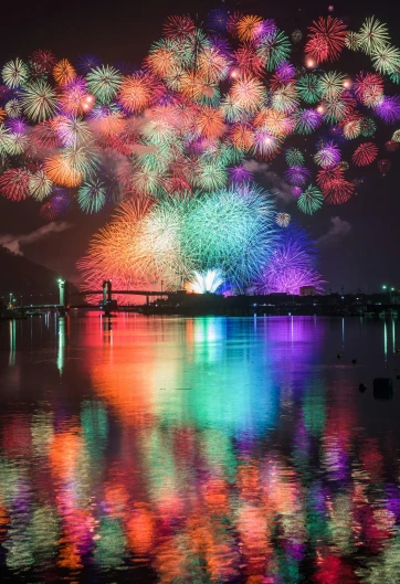 fireworks in the sky over a body of water, in 2 0 1 5, japan at night, award - winning photo ”, colorful”