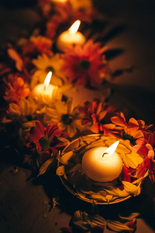 a group of lit candles sitting on top of a table, swirling flowers, tropical lighting, during autumn, float