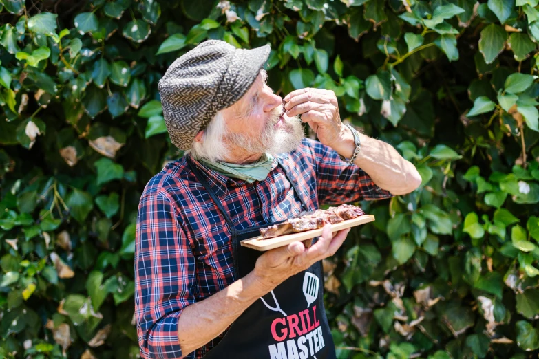 a man standing in front of a bush eating a piece of pizza, old gigachad with grey beard, serving rack of ribs, masterstroke, contest winner 2021