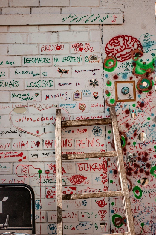 a ladder leaning against a wall covered in graffiti, matrioshka brain, signatures, inside a bar, on a wall
