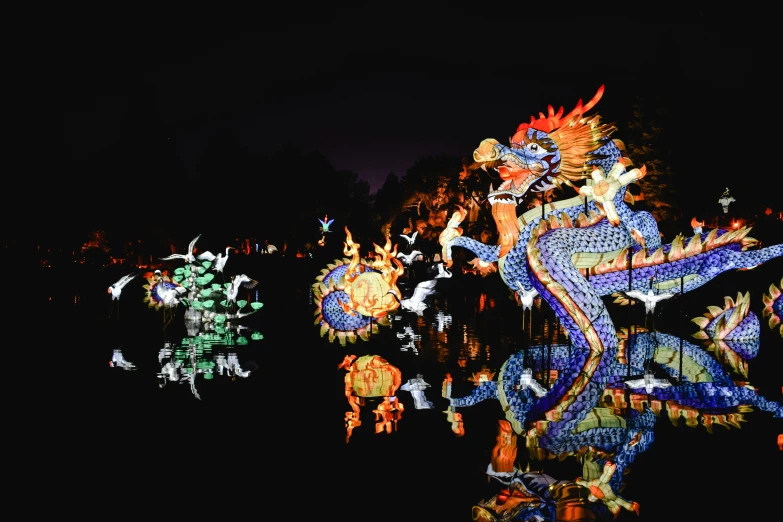 a group of dragon statues sitting on top of a body of water, a photo, inspired by Li Keran, pexels contest winner, interactive art, colorful lanterns, photograph of enchanted garden, intricate illuminated lines, slightly pixelated