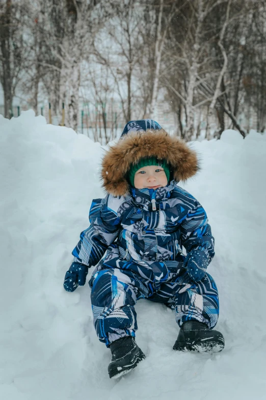 a little boy that is sitting in the snow, pexels contest winner, russia in 2 0 2 1, avatar image, blue parka, pattern