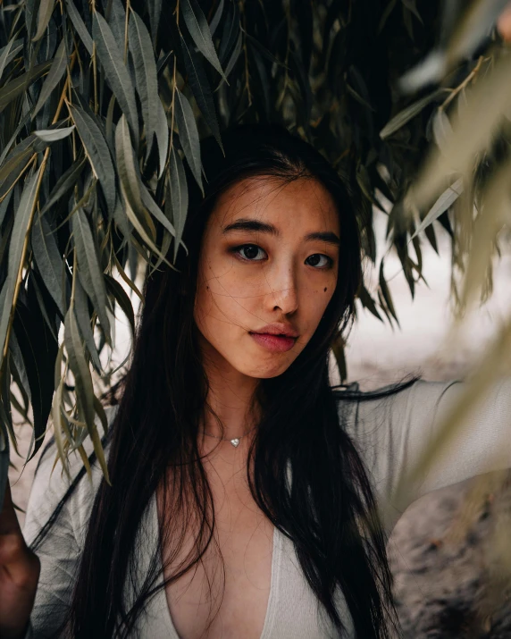 a woman with long black hair standing under a tree, inspired by Ren Hang, trending on unsplash, sumatraism, she has olive brown skin, with textured hair and skin, eucalyptus, non binary model