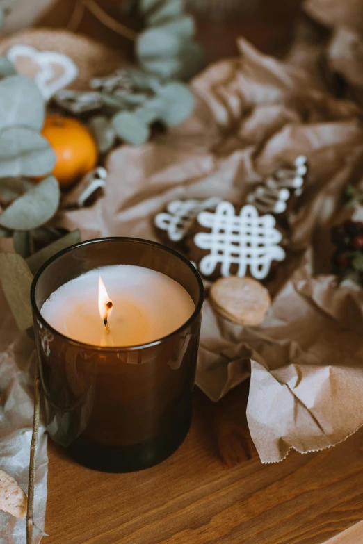 a candle sitting on top of a wooden table, holiday vibe, botanicals, on a gray background, iconic scene