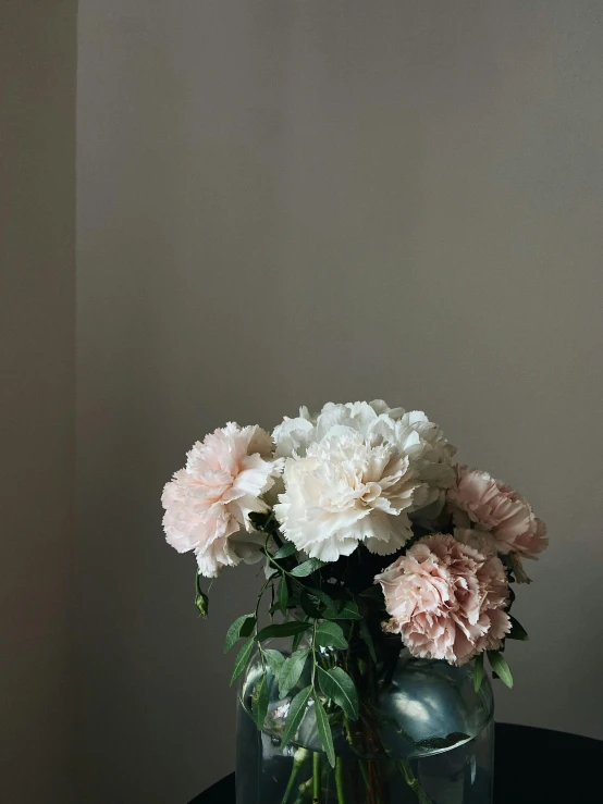 a vase filled with pink and white flowers, a still life, trending on unsplash, romanticism, grey, ignant, side light, low quality photo