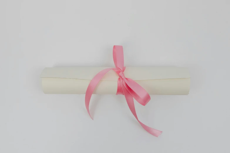 a roll of paper with a pink ribbon tied to it, academic art, ivory, grading, coloured, matt finish