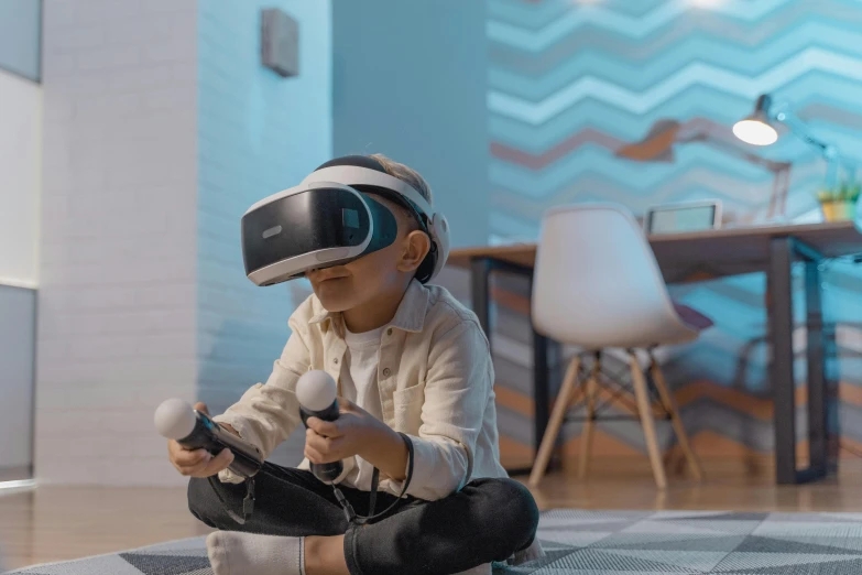 a little girl sitting on the floor playing a video game, a hologram, inspired by Simon Stålenhag, unsplash, sleek oled blue visor for eyes, samsung smartthings, wearing a vr headset, youtube thumbnail