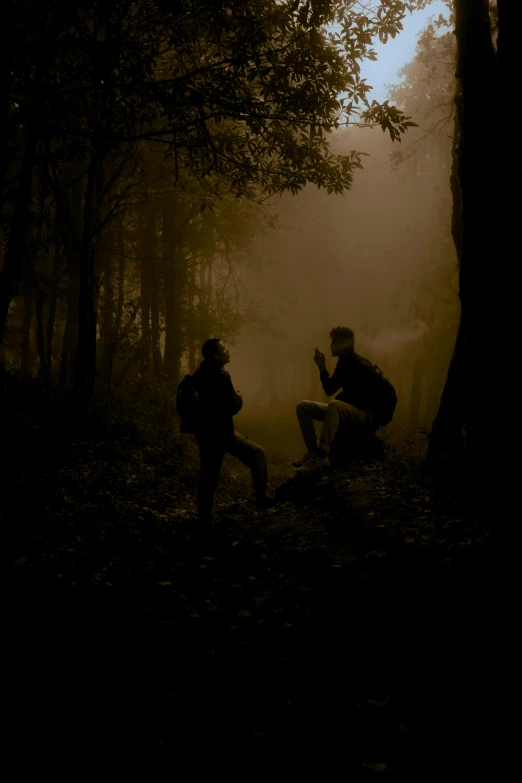 a couple of people that are in the woods, by Eglon van der Neer, pexels contest winner, romanticism, dark people discussing, calmly conversing 8k, silhouetted, dark and beige atmosphere