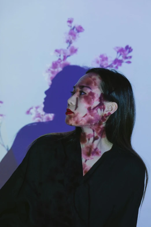 a woman with blood all over her face, an album cover, inspired by Gao Cen, pexels contest winner, blossoms, shigeto koyama, profile pic, asian descent