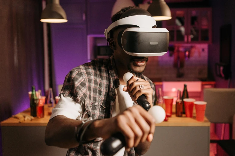 a man using a virtual reality device in a bar, trending on pexels, having a cool party, unreal engine 5”, argos, digital pong screen