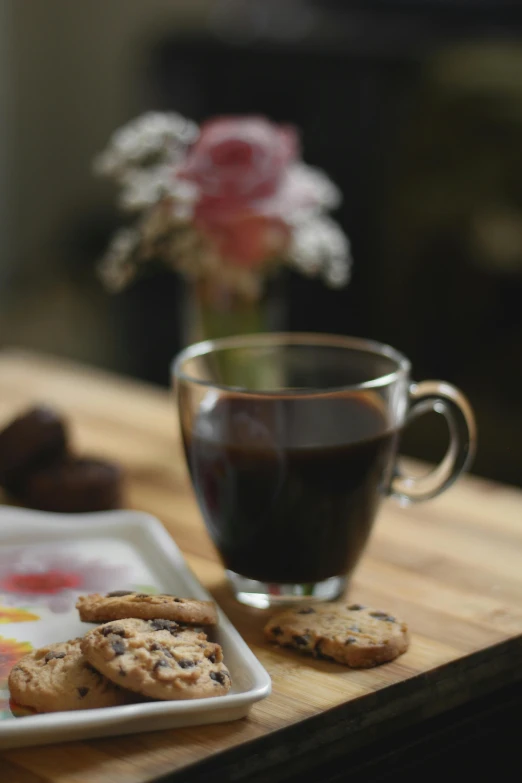 a plate of cookies and a cup of coffee on a table, botanicals, wine, no cropping, neighborhood