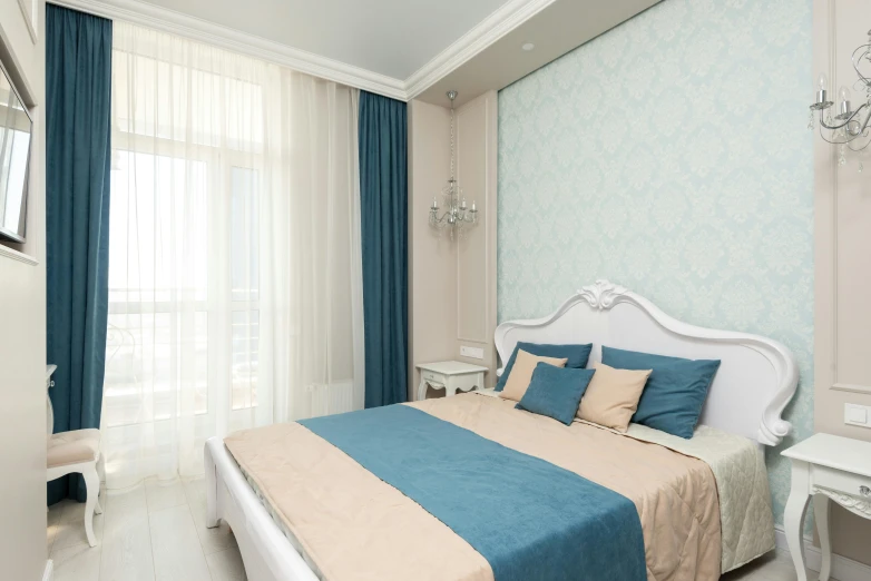 a bed sitting in a bedroom next to a window, by Alexander Fedosav, trending on pixabay, white and teal metallic accents, beige, neo kyiv, delicate patterned