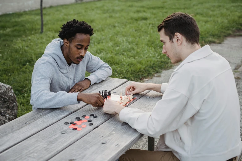 two men sitting at a picnic table playing a game of checkers, by Adam Marczyński, pexels contest winner, cardistry, thumbnail, sydney park, chemistry