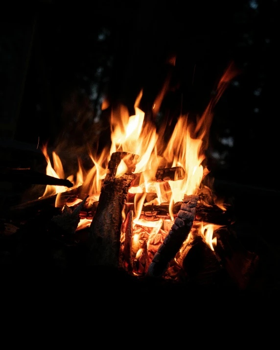 a close up of a fire in the dark, by Helen Stevenson, pexels contest winner, camp, a wooden, profile image, outdoor photo