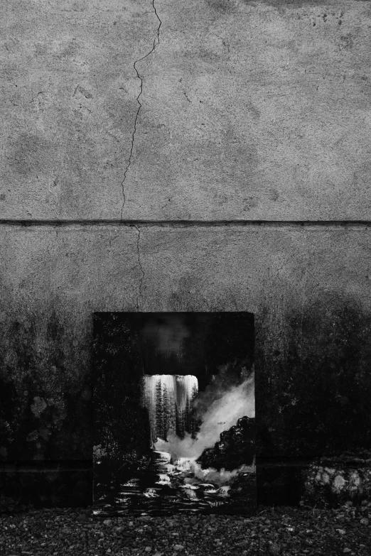 a black and white photo of a fire place, an album cover, by Peter Zumthor, conceptual art, brutalist waterfall environment, ffffound, sewer pipe entrance, brutalist painting