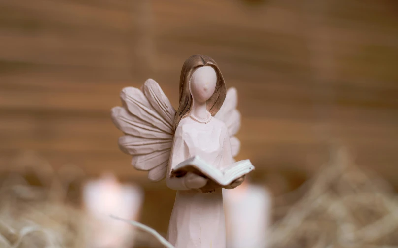 a figurine of an angel reading a book, pexels contest winner, wooden decoration, 15081959 21121991 01012000 4k, medium shot portrait, pink