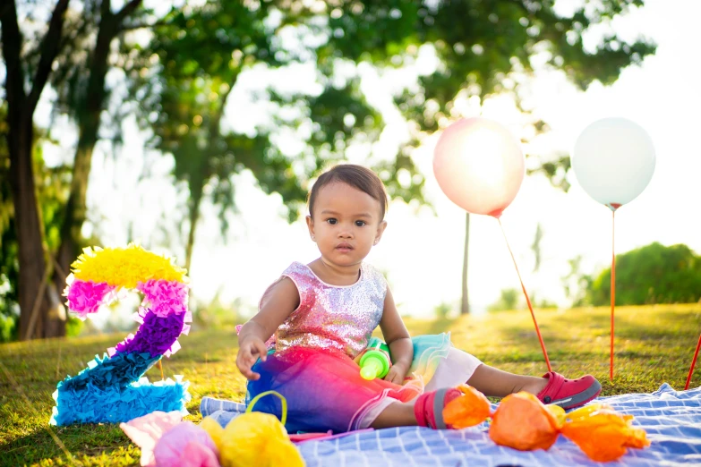 a baby sitting on top of a blanket next to balloons, pexels contest winner, in the park, avatar image, colorful paper lanterns, portrait mode photo
