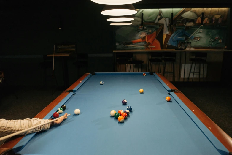 a man is playing a game of pool, by Elsa Bleda, process art, full frame image, rectangle, thumbnail