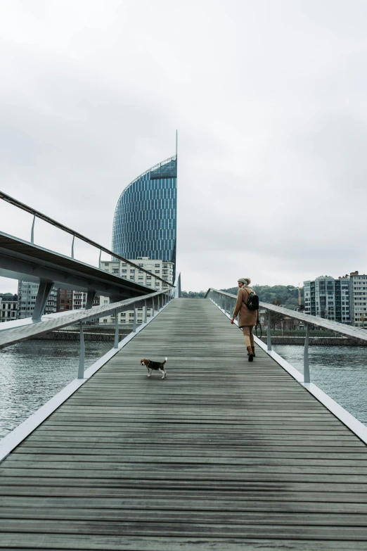 a person walking on a bridge over a body of water, liege, subject: dog, in an eco city, julia hetta