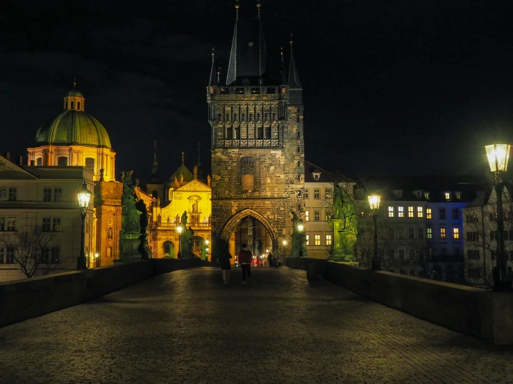 a group of people walking across a bridge at night, by Adam Marczyński, pexels contest winner, renaissance, square, preserved historical, high quality image, hyper detailed photo