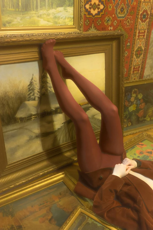 a woman laying on the floor in front of a painting, a photorealistic painting, inspired by Balthus, cgsociety, in red velvet stockings, from the game pathologic 2, pantyhose tights, low quality