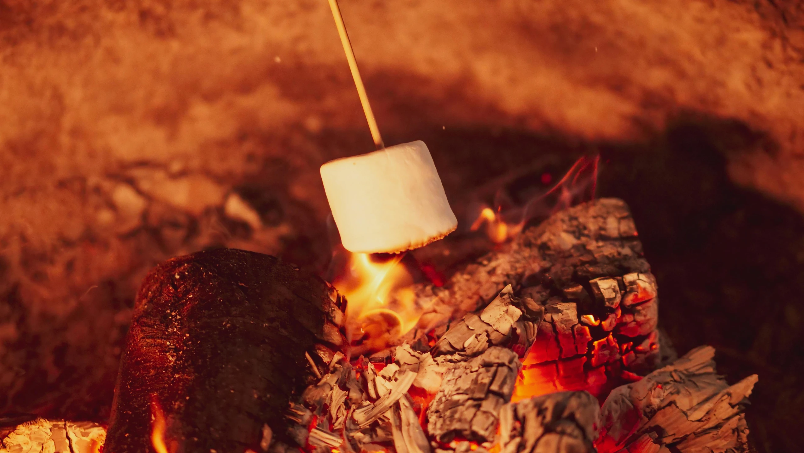 a person roasting marshmallows over a campfire, trending on pexels, conceptual art, warm coloured, “ iron bark, 💋 💄 👠 👗, lachlan bailey