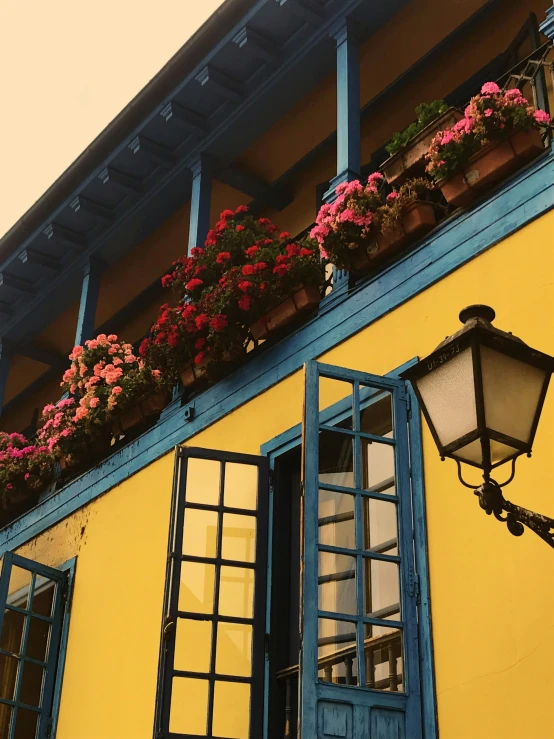 a yellow building with blue shutters and flower boxes, a picture, trending on unsplash, art nouveau, gas lanterns, photo of penelope cruz, low quality photo, square