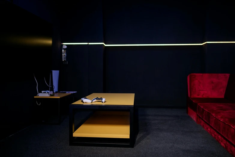 a living room filled with furniture and a red couch, a hologram, unsplash, private press, black and yellow scheme, dark. studio lighting, an escape room in a small, light lighting side view