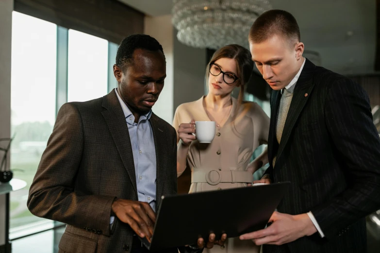 two men and a woman looking at a laptop, a screenshot, pexels, group intelligence, brown, elegant look, multiple stories