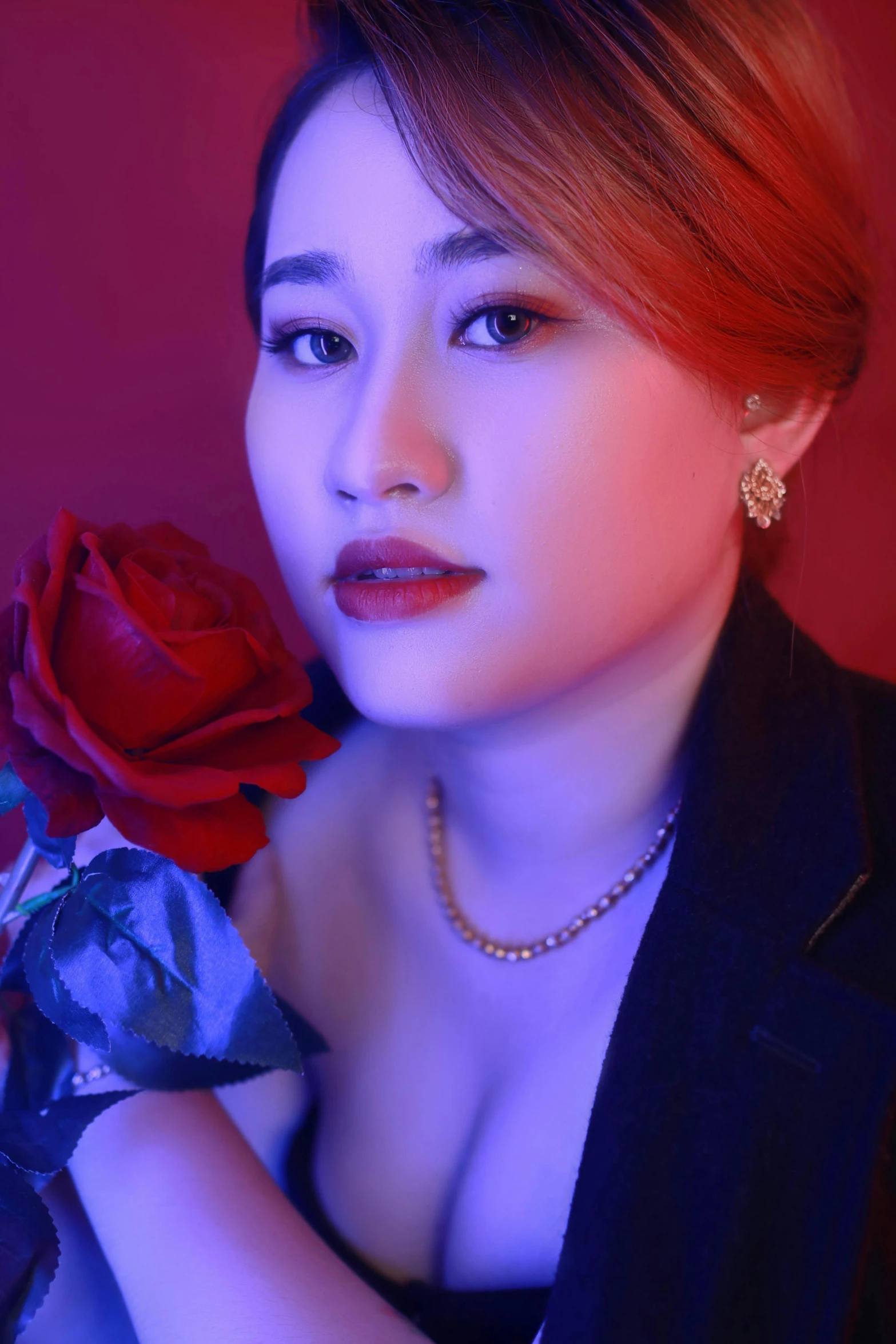 a woman with a rose in her hand, an album cover, inspired by Xia Chang, trending on pexels, 🤤 girl portrait, bbwchan, glowing crimson head, thicc