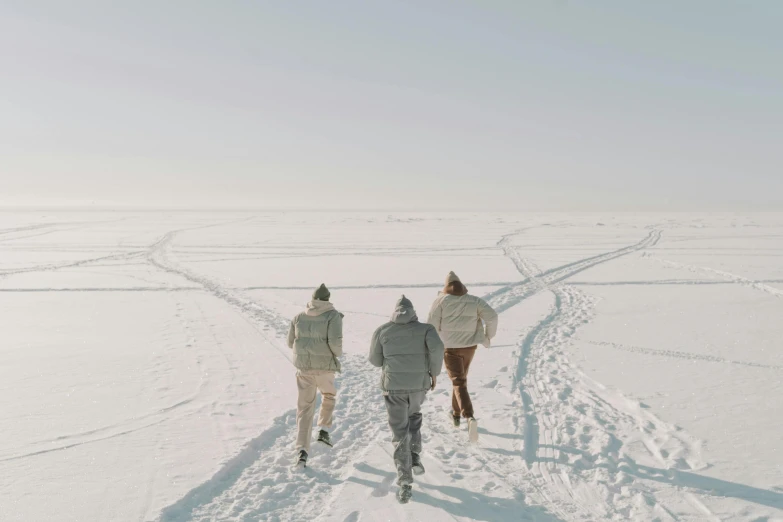 a group of people walking across a snow covered field, an album cover, pexels contest winner, outlive streetwear collection, inuk, muted cold colors, rule of three