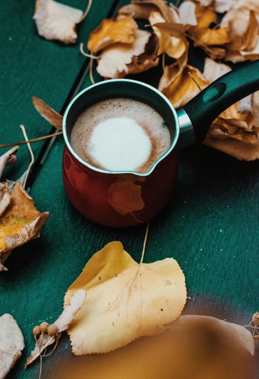 a cup of coffee sitting on top of a green table, red leaves, milk, thumbnail, pot