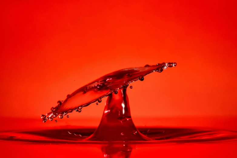 a splash of water on top of a red surface, pexels, art photography, liquid sculpture, in front of an orange background, splash image, low - angle shot