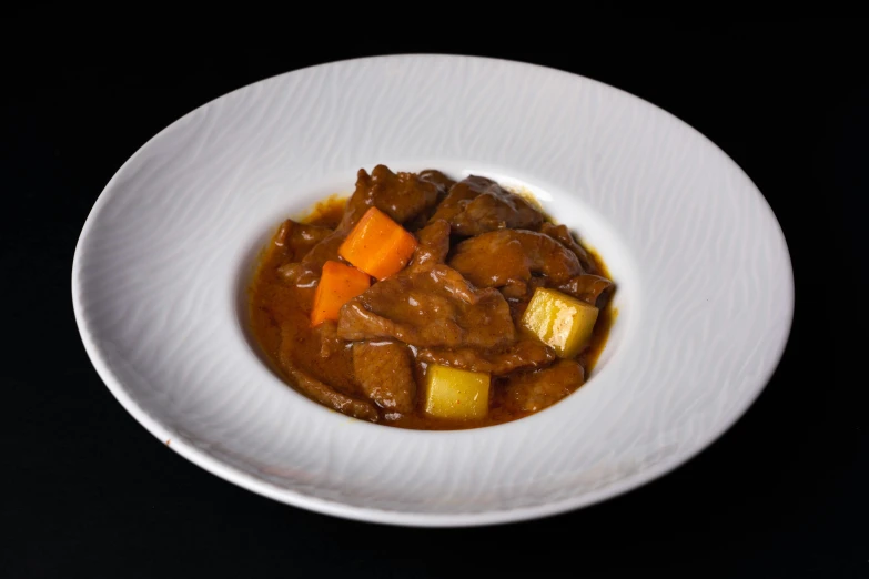 a close up of a plate of food on a table, stew, 王琛, square, on black background