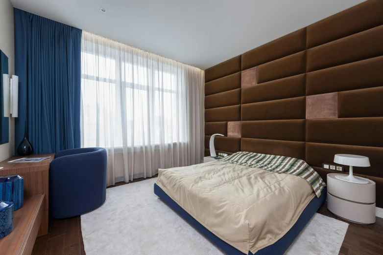 a bed sitting in a bedroom next to a window, unsplash, baroque, red brown and blue color scheme, luxury condo interior, panels, neo kyiv