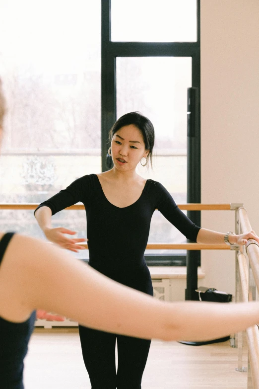 a couple of women standing next to each other in a room, inspired by Fei Danxu, trending on unsplash, arabesque, ballerina, teaching, low quality photo, sweat