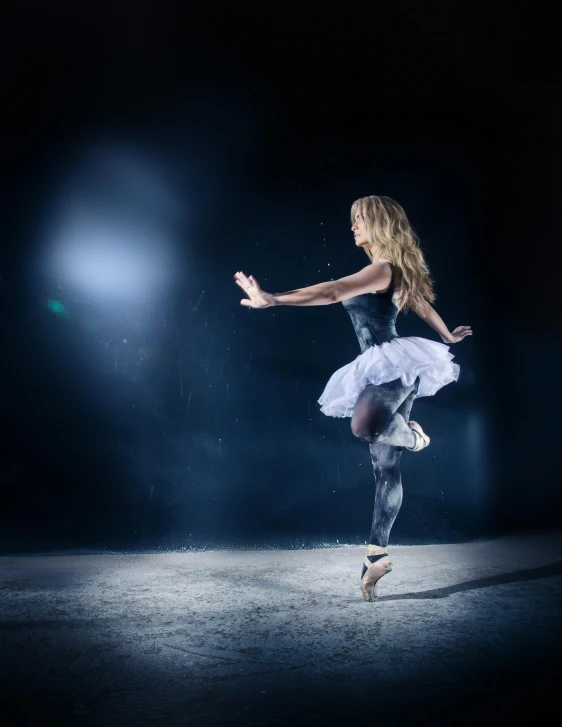 a woman in a white dress is dancing in the dark, inspired by Elizabeth Polunin, pexels contest winner, walking on ice, wearing a tutu, 15081959 21121991 01012000 4k, bounce lighting