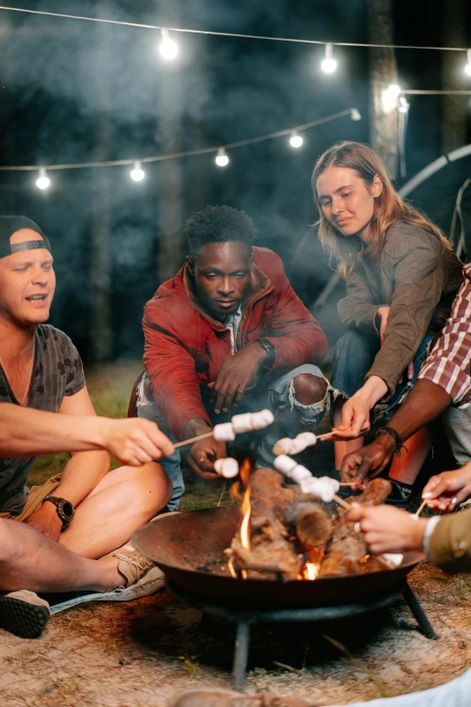 a group of friends roasting marshmallows over a campfire, a portrait, trending on pexels, renaissance, black man, australian, full scene, flirting