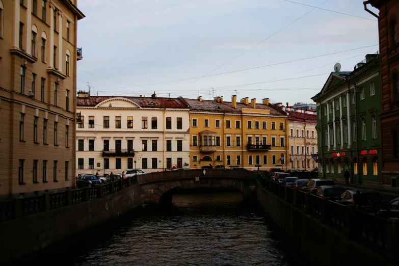 a river running through a city next to tall buildings, inspired by Illarion Pryanishnikov, pexels contest winner, renaissance, muted brown yellow and blacks, saint petersburg, old bridge, фото девушка курит