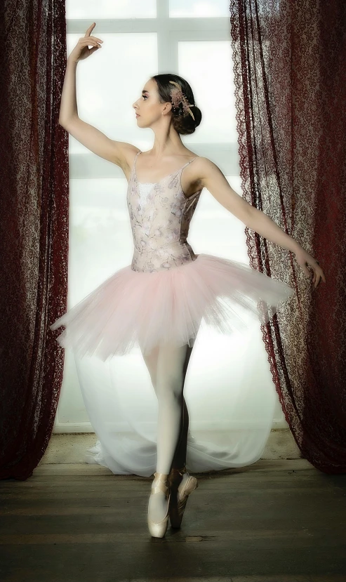 a ballerina is posing in front of a window, flickr, demur, high quality photo, white and pink, pose 4 of 1 6