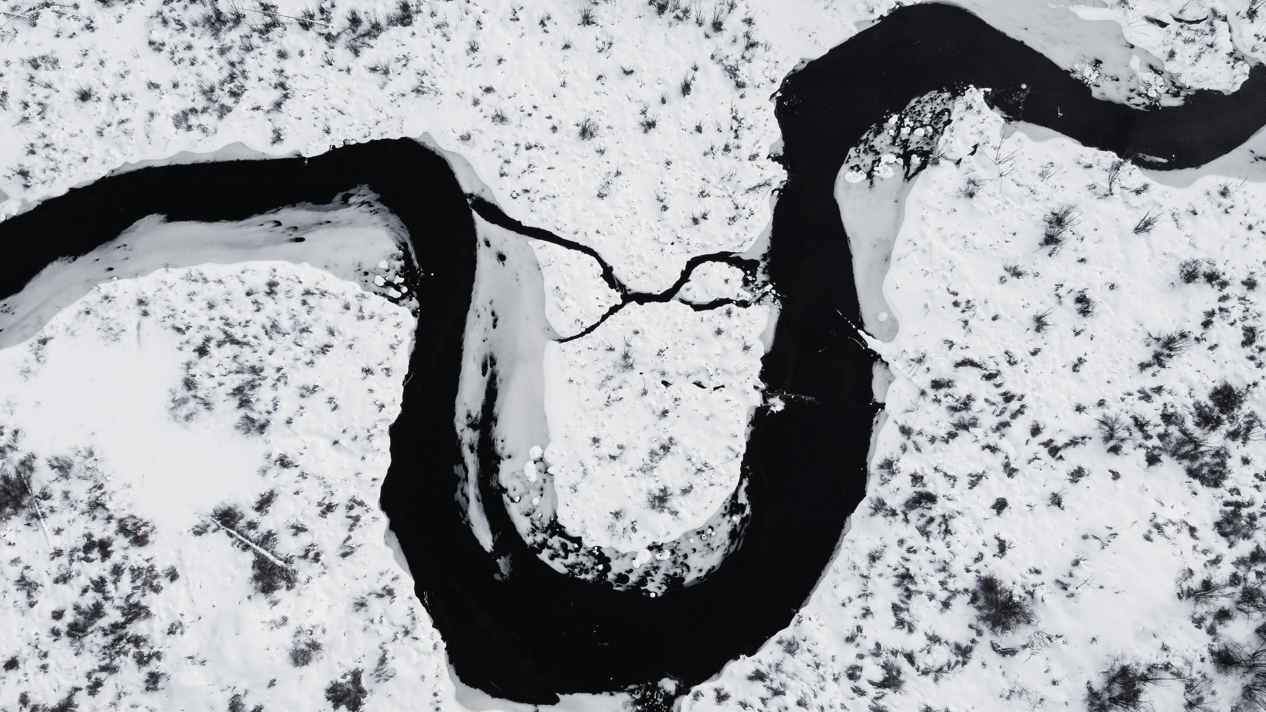 a black and white photo of a river, an album cover, inspired by Shōzō Shimamoto, unsplash, lyrical abstraction, snake, made of ice, ignant, drone photo