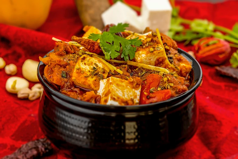 a close up of a bowl of food on a table, hurufiyya, profile image, spicy, rectangular, indian