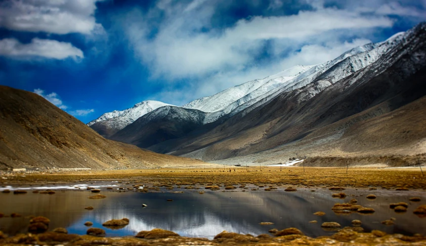 a body of water with mountains in the background, by Julia Pishtar, pexels contest winner, hurufiyya, omar shanti himalaya tibet, snowy plains, slide show, enhanced photo