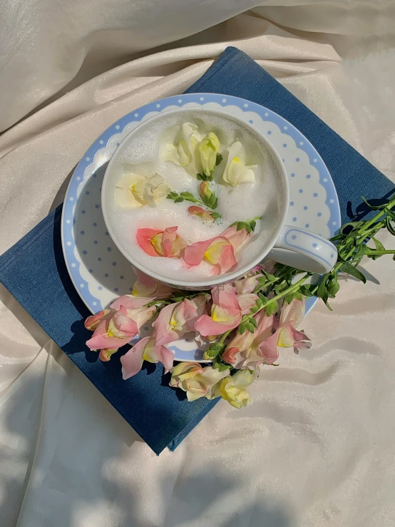 a bowl of soup sitting on top of a blue napkin, a photorealistic painting, unsplash, romanticism, with frozen flowers around her, pastel blues and pinks, sea of milk, in style of cecil beaton
