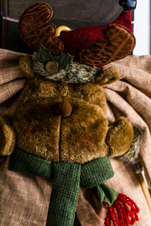 a close up of a stuffed animal wearing a scarf, a picture, inspired by Rudolph F. Ingerle, unsplash, folk art, green and brown clothes, cottage close up, brown tuffle coat, thumbnail