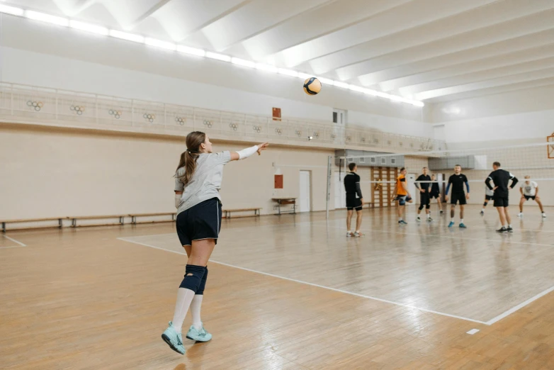 a group of people playing a game of volleyball, unsplash contest winner, danube school, standing in a large empty hall, profile image, anna nikonova aka newmilky, fall season