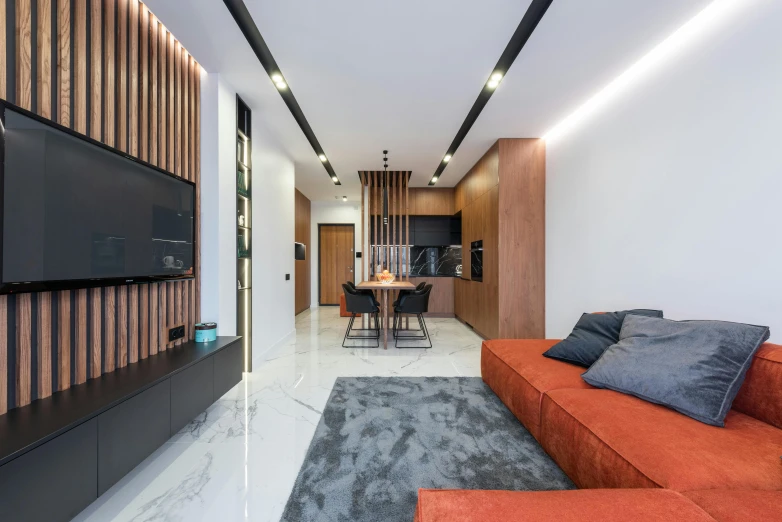 a living room filled with furniture and a flat screen tv, inspired by Bauhaus, pexels contest winner, marble floors, black and auburn colour pallet, interior wood, high quality picture