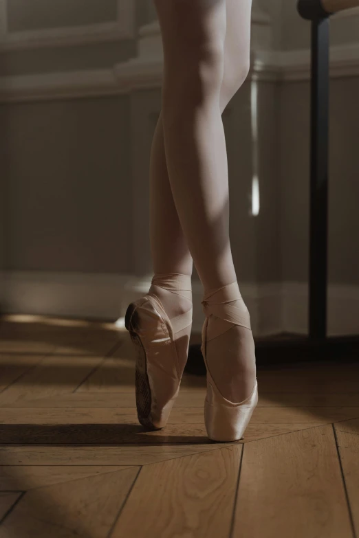 a close up of a person's legs in ballet shoes, by Elizabeth Polunin, trending on unsplash, arabesque, standing in a dimly lit room, shot with sony alpha 1 camera, light tan, panels